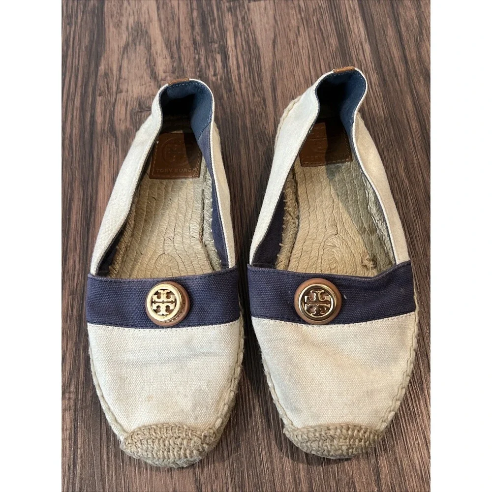 TORY BURCH ESPADRILLE BEIGE AND NAVY SHOES SIZE 6.5